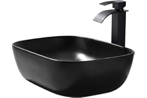 BoomHoze Black Vessel Sink Rectangle, 18"x13" Above Counter Porcelain Ceramic Bathroom Vessel Sink With Faucet and Drain Combo