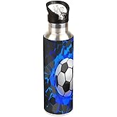 YoCosy Insulated Stainless Steel Water Bottle with Straw 20oz Blue Black 3d Sport Soccer Football Sports Water Bottles BPA Free Leakproof Metal Vacuum Flask Jug for Kids Gym Fitness