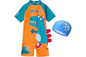 AIWUHE Toddler Boys Swimsuits One Piece Rash Guard Swimwear Zipper Bathing Suit UPF50+ with Hat Dinosaur Swimsuit Set