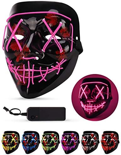 AnanBros Scary LED Halloween Mask, Light up Mask Cosplay, LED Rave Face Mask Costume 3 Lighting Modes, Halloween Face Masks for Men Women Kids - Pink