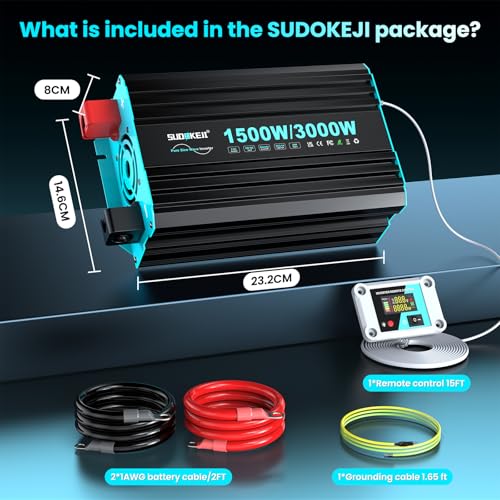 SUDOKEJI Pure Sine Power Inverter 1500W/3000W, Voltage Transformer 12V to 230V, Power Inverter with LCD Display, Remote Control, Type-C and USB Ports, 2 EU AC Outlets