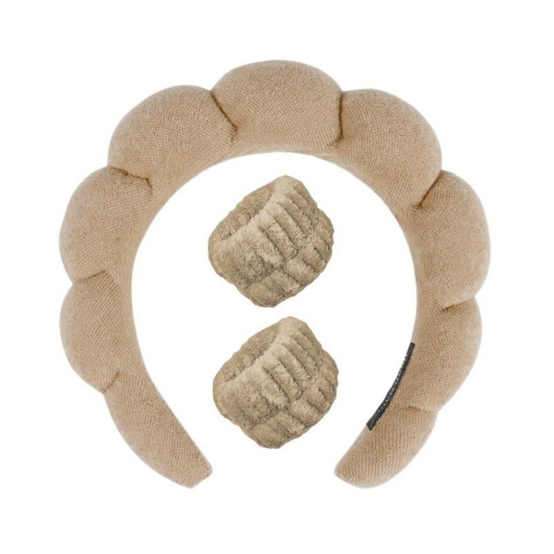 LEEMASING Spa Headband Wrist Towels Hair Band/Wristband Set For Women Girls Makeup Shower (Light Coffee)