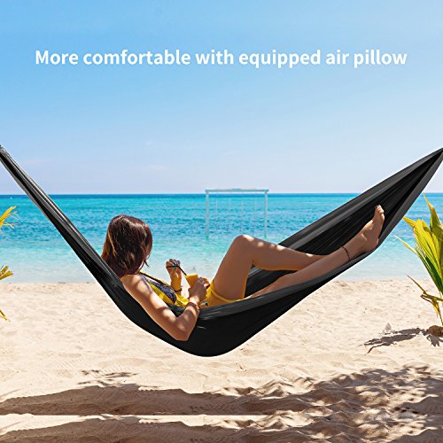 HODGSON Camping Hammock Single & Double Hammock with Heavy Duty 14 Loops Hammock Tree Straps & Air Pillow, Portable Parachute Nylon Hammock for Backpacking, Travel, 118” x 78” (Black/Gray)