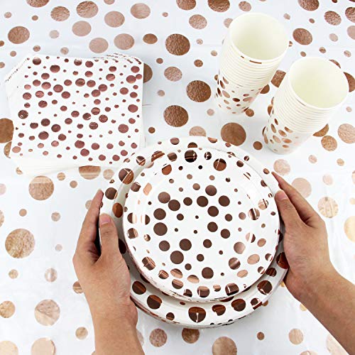 352 Piece White with Pink & Rose Gold Foil Polka Dot Party Supplies Set Including Plates, Cups, Napkins, Forks, Knives, Spoons and Tablecloths, Serves 50