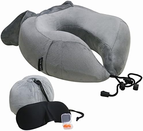 Travel Pillow Set,Memory Foam Neck Pillow with Attached Carry Bag , Sleeping Mask And Earplugs, U Shape Portable Pillow Best for Airplane, Camping,Studying,Traveling and Working,Grey