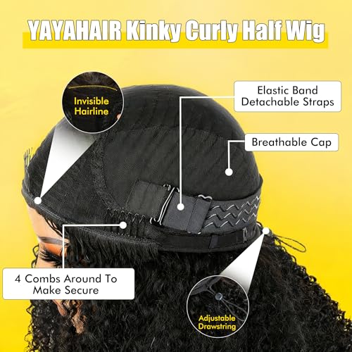 Half Wig Human Hair Curly Half Head Glueless Wig Human Hair Wig Glueless Wig 18 Inches 3 In 1 Seamless Flip Over Drawstring Wigs Headband Wig Kinky Curly Natural Colour