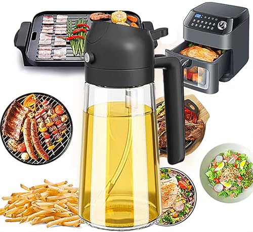 Oil Spray Bottle Kitchen, Oil Sprayer for Air Fryer, Olive Dispenser with 2 Cleaning Brush, 2 in 1 Premium Glass Canola Oil Mister Bottles for Salad, BBQ, Cooking Appliances, (16oz/470ml) (Black)