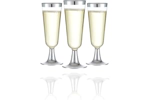 N9R 24pcs Plastic Champagne Flutes with Silver Rim, Clear Disposable Champagne Glasses 5 Oz, Perfect for Wedding and Party Toasting