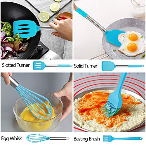 Silicone Cooking Utensil Set, AILUKI Kitchen Utensils 14 Pcs Cooking Utensils Set,Non-stick Heat Resistant Silicone,Cookware with Stainless Steel Handle - Blue - Thumbnail 4