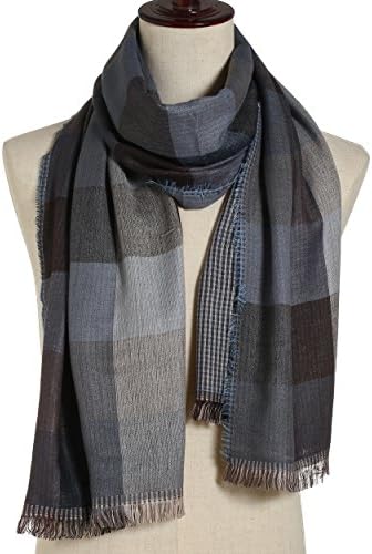 Leonal Stripe Scarf for Men Cotton Plaid Scarves with Fringes (SF7092701 blue plaid)