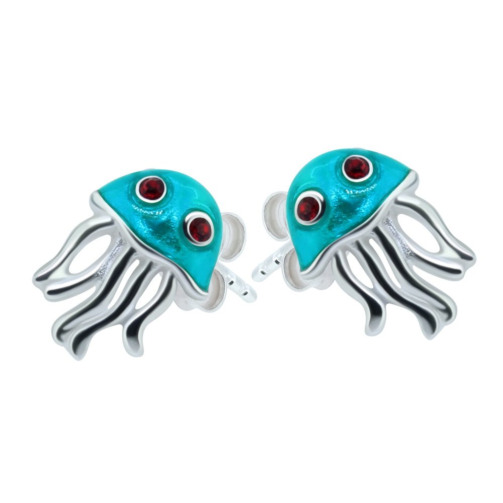 Jellyfish Earrings - 925 Sterling Silver with Red Crystal Stones