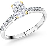 Gem Stone King 925 Silver and 10K Yellow Gold White Moissanite and White Lab Grown Diamond Engagement Ring For Women | 1.08 Cttw | Oval 7X5MM | Gemstone Birthstone