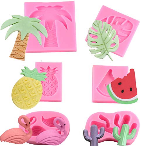 Mujiang Hawaiian Tropical Rain Forest Theme Cake Fondant Mold Set Flamingo Pineapple Cactus Watermelon Tropical Leaf Coconut Palm Tree Candy Silicone Mold Cake Decoration - Thumbnail 4