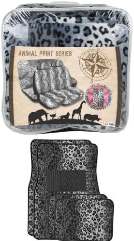 Universal Fit Automotive Gift Set Two Lowback Front Seat Covers, One Rear Bench Seat Cover, One Steering Wheel Cover, Two Shoulder Pads, and Four Floor Mats - Snow Leopard
