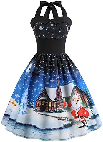 Lmtime Xmas Maxi Dress Women Vintage Elegant Christmas Santa Printed Halter Sleeveless Party Prom Swing A-Line Dresses