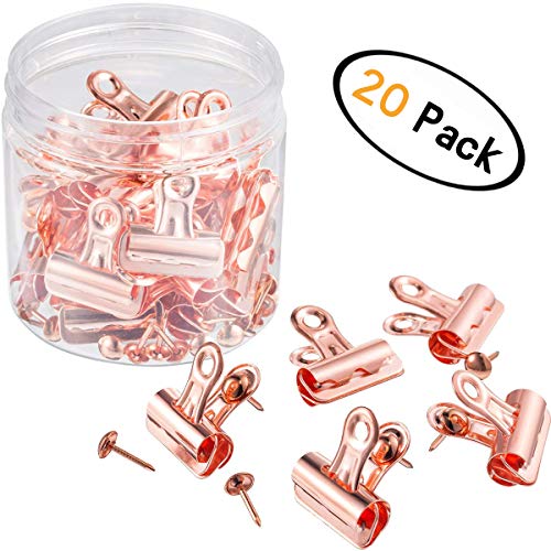 20 Pieces Rose Gold Push Pins with Clipsï¼ŒDecorative Clips with Pins Tacks for Cork Board and Photo Wall Photo, File Storage, Home Office Supplies No Holes for The Paper (Rose Gold, 32MM with Pins)