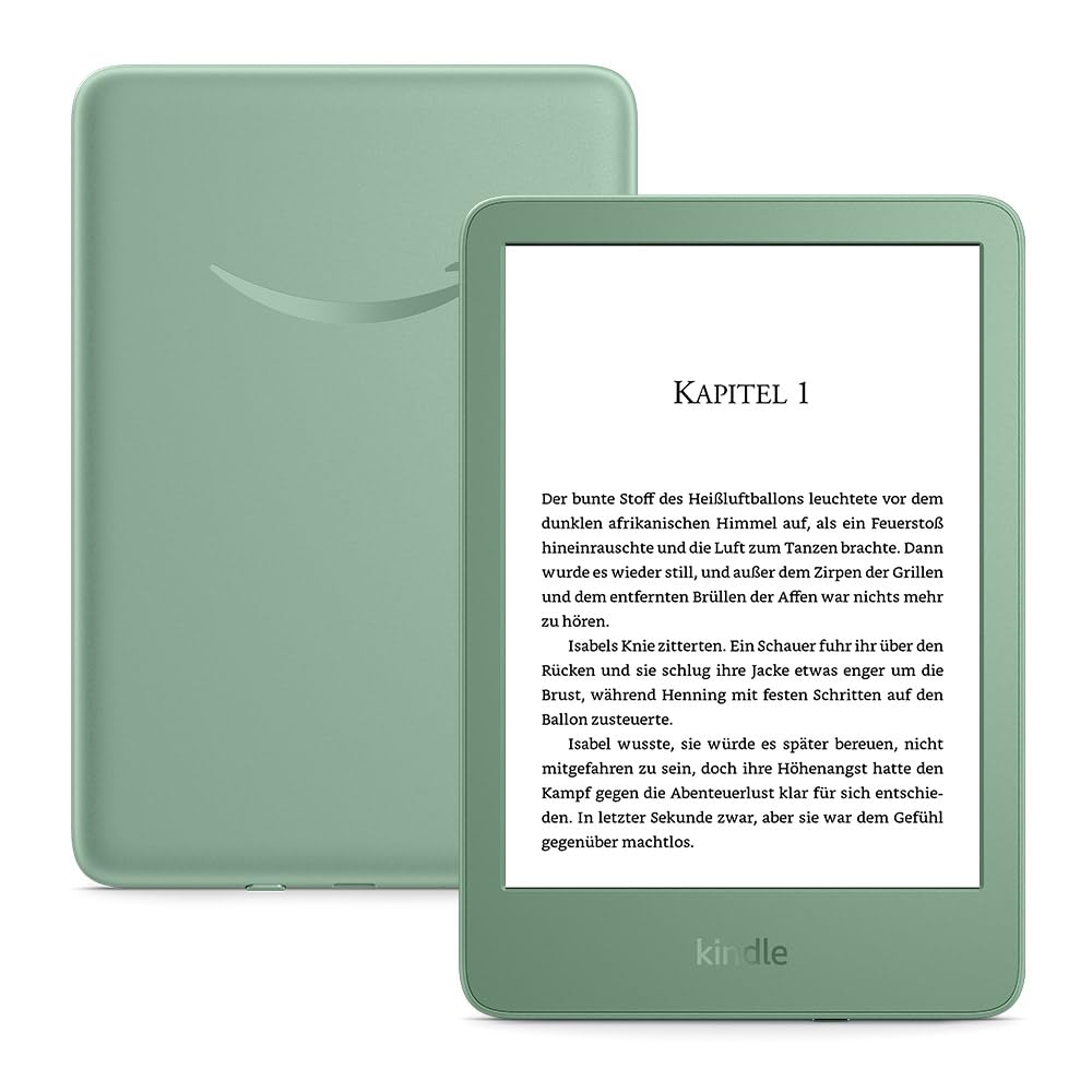 Amazon Kindle (16 GB) – Lightest and most compact Kindle with glare-free display, faster page turns, adjustable front light and long battery life – With Ads – Matcha green