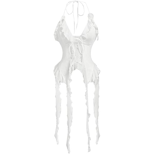 WDIRARA Women's 3D Flower Tie Front Ruffle Trim Halter Top