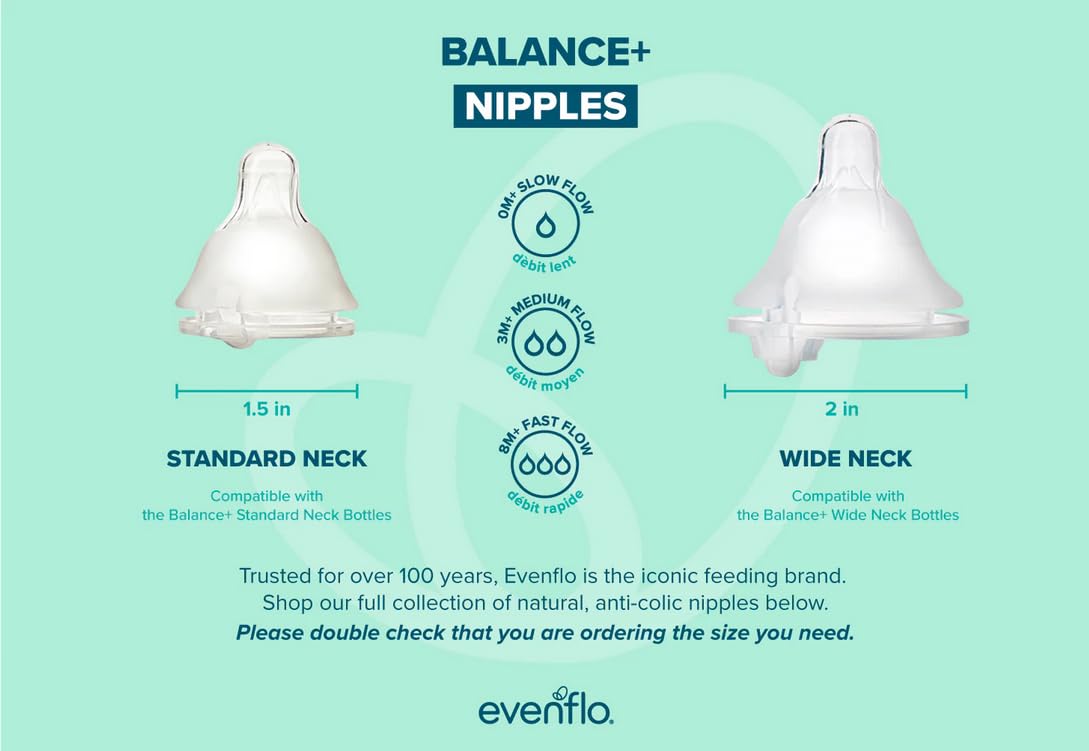 Evenflo Balance Plus Standard Neck Nipples for use with Evenflo Balance Plus Standard Neck Bottles, Medium Flow for 3 Months and up, 6-Pack