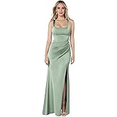 Square Neck Satin Bridesmaid Dresses with Slit for Women Mermaid Pleated Long Formal Prom Evening Dress