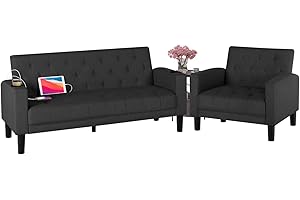 TYBOATLE Mid-Century Modern Living Room Sectional Sofa Sets 2 Pieces, Tufted Linen Fabric USB Loveseat Couch w/ 2 Cupholders and Accent Armchairs for Living Room, Bedroom, Apartment (Dark Grey)
