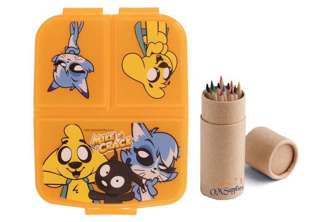 OM SUPPLIES Mikecrack Reusable Sandwich Lunch Box 3 Multi Compartment Kids Children School Includes Half Size 12pcs Pencil Set (Mikecrack)