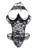 Queen.M Lace Sling Open Cup Crotchless Floral Sexy Lingerie Lace Nighty (Small, black)