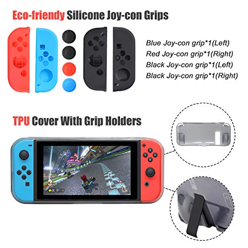 Accessories Kit for Nintendo Switch, 17 in 1 Essential Kit Including Carry Case Games Starter Wheel Grip Controller Charger TPU Cover Joy Con Covers Thumb Caps Game Card Slot Holder - Thumbnail 4