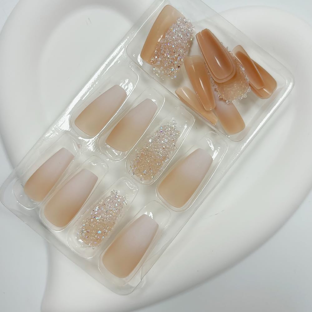Medium Press on Nails Coffin Fake Nails Rhinestone with Matte Gradient Design Pink Acrylic False Nails Full Cover Artificial Glue on Nails Stick on Nails for Women and Girls Nail Decoration 24Pcs - Image 5