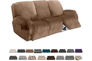 FIGOOO Recliner Sofa Covers 3 Seat Stretch Reclining Couch Covers for 3 Cushion Couch Recliner Set Non Slip 8-Piece Spandex Recliner Couch Sofa Cover Furniture Protector with Pockets,Velvet#Camel