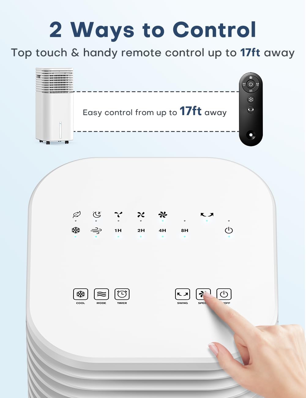 TEMEIKE 4-IN-1 Portable Air Conditioners, Evaporative Air Cooler w/ 4 Modes & 3 Speeds, 15H Timer for Smart Auto-off, 2-Gal Tank for 20H Cooling,17FT Remote,No Hose Needed,120°Oscillating Swamp Cooler