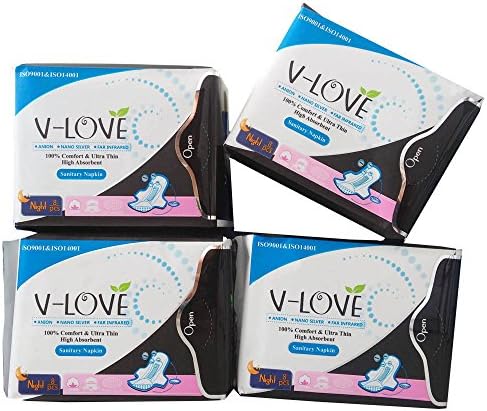 VLOVE ANION Pads for Women Organic Overnight with Wings, Unscented-32 Count (4Packs)