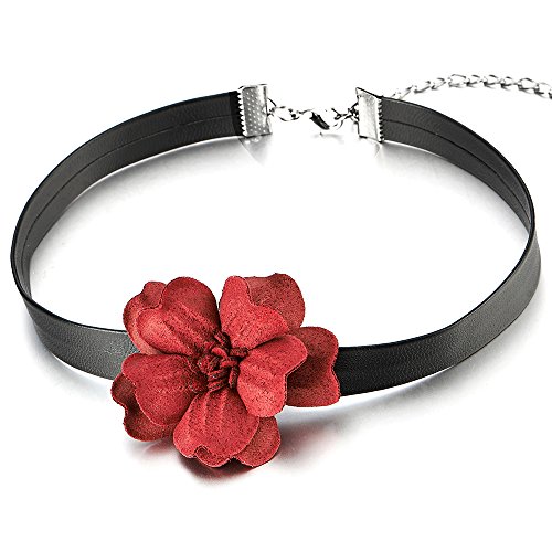 Ladies Girls Black Choker Necklace with Red Camellia Flower Charm Pendant