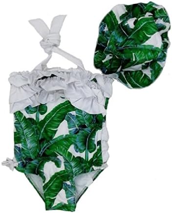 Tingping Girls Ruffle One Piece 2Y-9Y Swimsuit Striped Palm Leaf Print Bathing Suits
