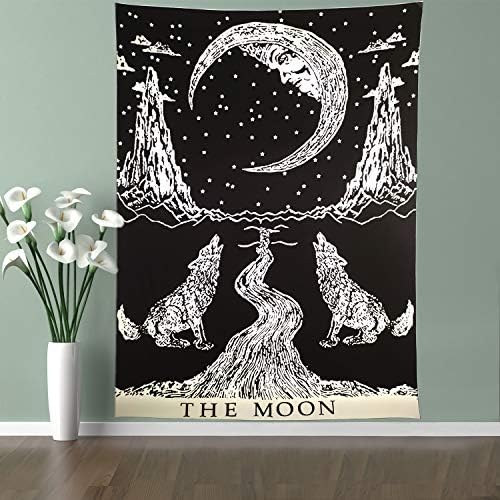 Lahashoker The Moon Tapestry Crying Wolf and Moon Bohemian Wall Hanging Tapestry Medieval Europe Divination Tarot Tapestry Hippie Vintage Wall Hanging Yoga Mat Meditation Tapestry Dorm Bedroom Decor