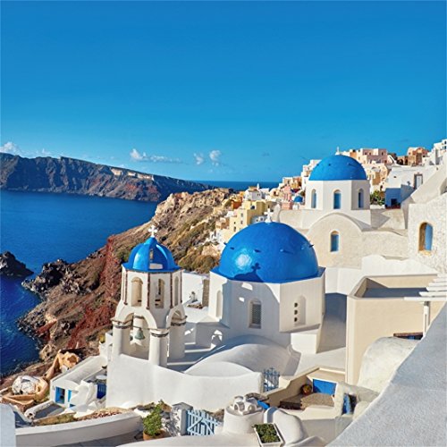 AOFOTO 8x8ft Romantic Blue Dome Church Photography Studio Backdrop Greek Building Girlfriend Photo Background Wedding Trip Aegean Sea Scenic Wallpaper Video Props Lover Bridal Adult Portrait Seamless