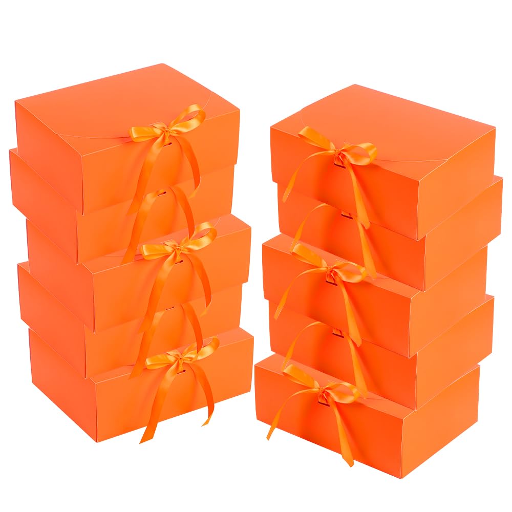 Photo 1 of 10 Pack Gift Boxes with Ribbon 10x7.5x3.5 Inch - Cardstock Wedding Favor Boxes for Bridesmaid Proposals, Birthday & Holiday Gift Packaging (Orange)