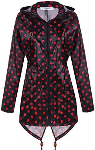 Mea Women's Waterproof Lightweight Hooded Dot Raincoat Long Jacket Black and Red XL