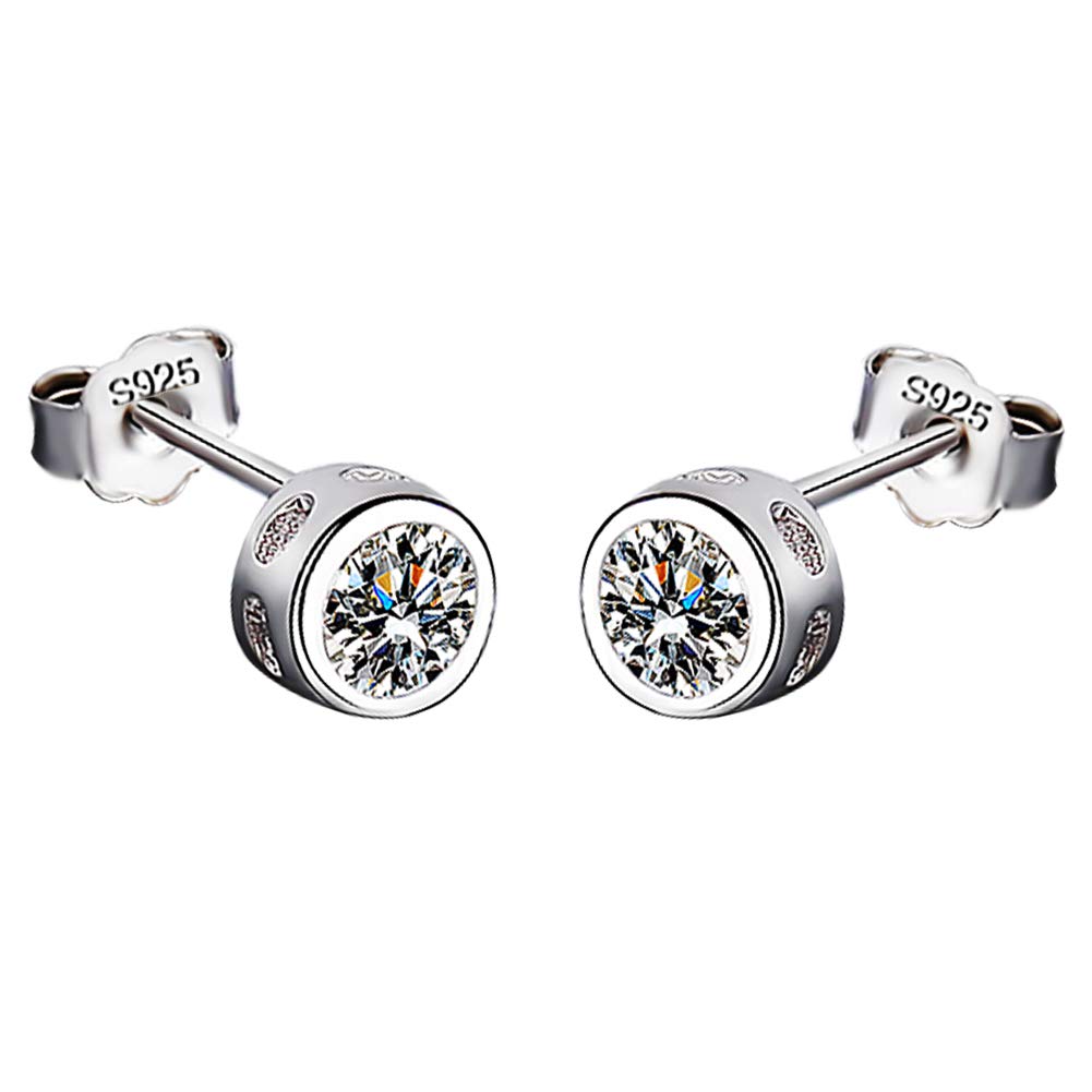 Yaneno Fashion Jewellery 925 Sterling Silver Beautiful 6MM Round Sparkling Simulated Diamond Cut CZ Cubic Zirconia Crystal Small Stud Earrings for Women Girls (White)