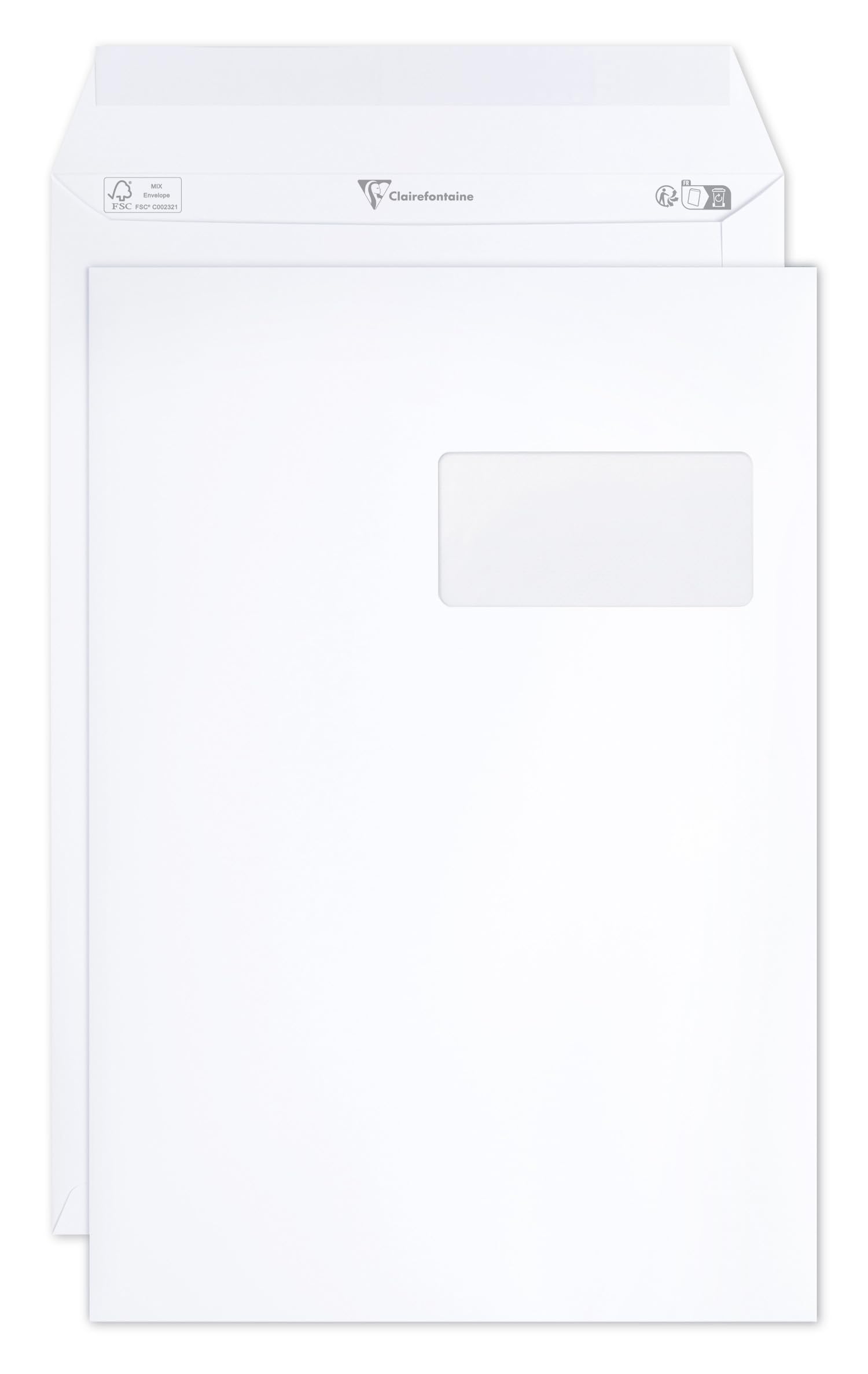 Clairefontaine 10250C - Box of 250 White Envelopes - C4 - 229x324 mm - Self-adhesive - 120g/m²- Window Crystal Paper 50x100 - (position 50/20) - Mailing