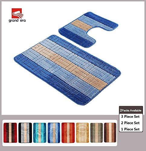Grand Era 2 Piece Bath Mat Set Polypropylene Fiber Mat 22" x 39" with Contour Rug and Lid Cover for bathroom, Light Blue