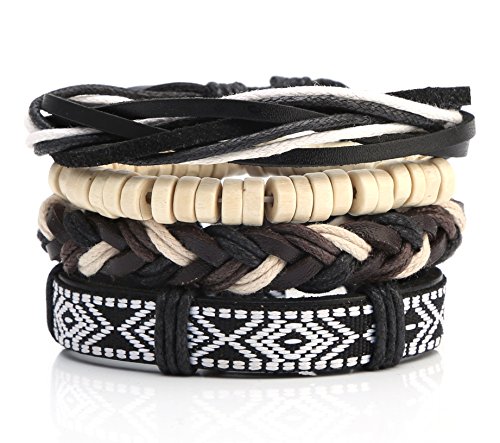 Hzman mix 4 wrap bracelets men women, hemp cords wood b…