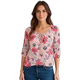 Star Vixen Women's 3/4 Sleeve Peasant Elastic-Hem Keyhole-tie Top, Blush Floral, 3X