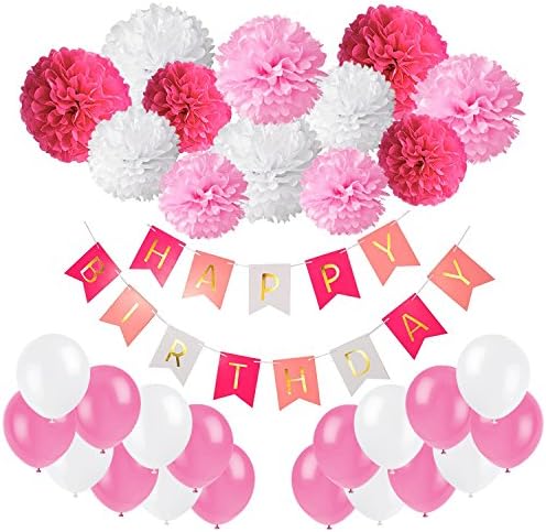 Recosis Happy Birthday Banner, Birthday Bunting Paper Garland with 12pcs Tissue Paper Pom Poms and 20pcs Balloons for Birthday Party Decorations - Rose Red, Pink and White