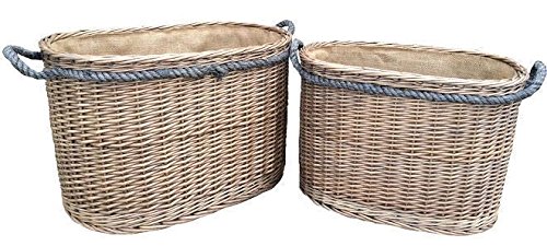 Red Hamper Set 2 Oval Rope Handled Log Baskets, Wicker, Brown, H38 x W58 x D38cm