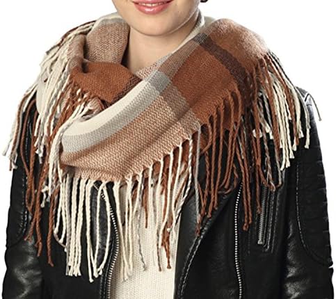 Apparelism Women's Winter Plaid Knitted Infinity Loop Scarf with PomPom Fringe (OneSize, 6020-Beige)