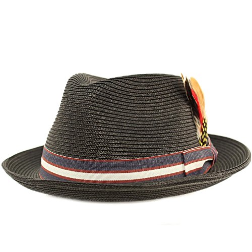 Men's Stripe Band Removable Feather Derby Fedora Curled Brim Hat L/XL