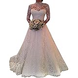 Kinlene Vestido de Novia de Encaje de Manga Larga para Mujer Fiesta Elegante por la Noche Vestidos Maxi Delgado