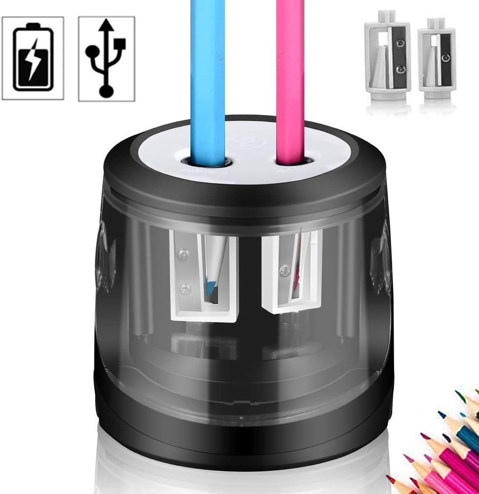 Electric Pencil Sharpeners, USB & Battery Mains Power, AOBETAK 2 Hole Heavy Duty Electronic Automatic Pencil Sharpener with Big Container for Kids Artist, Colored Pencil and No.2, Home and Office