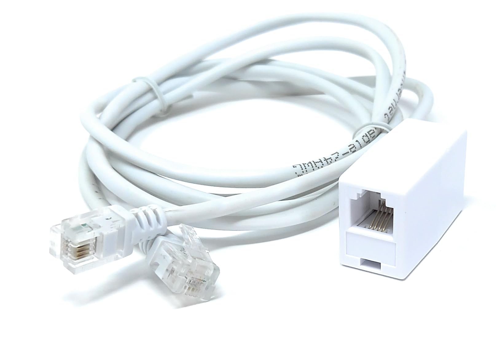 DRUT 1.5m RJ11 to RJ11 ADSL 2+ Male to Male Cable with Female Coupler, BT Telephone, Broadband, Modem Extension Lead, Gold Plated Connectors White 5ft